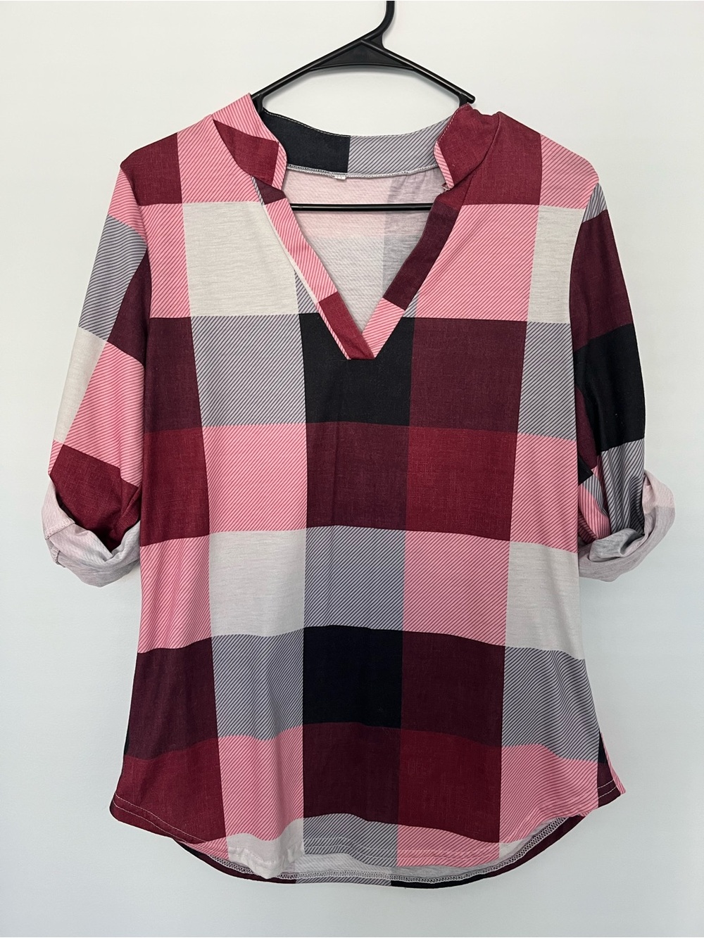 Women's Pink & Burgundy Fall Plaid V-Neck Roll-Sleeve Top